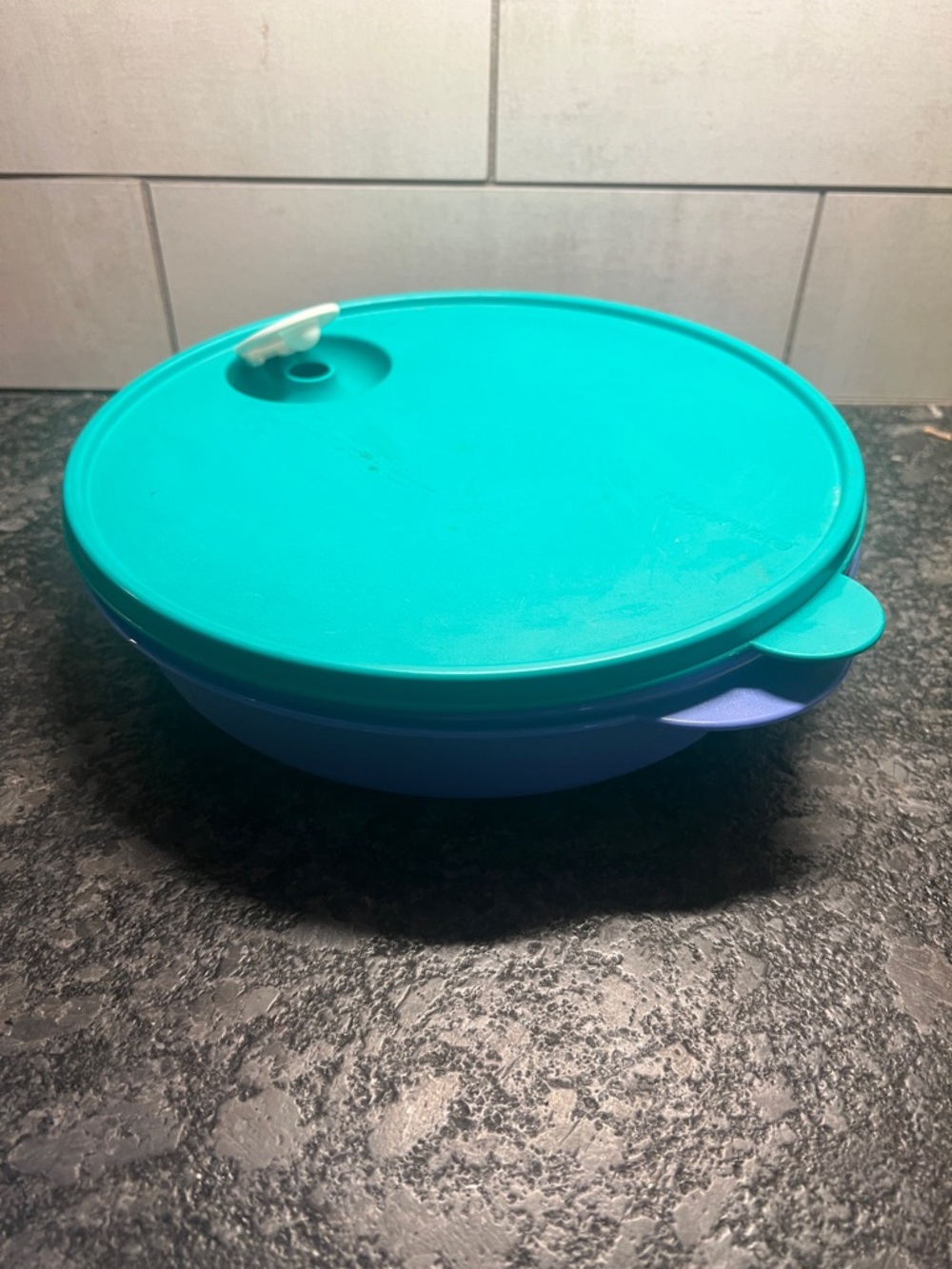 Tupperware Crystal Wave purple & green Steamer divided bowl microwave. 10-11”.